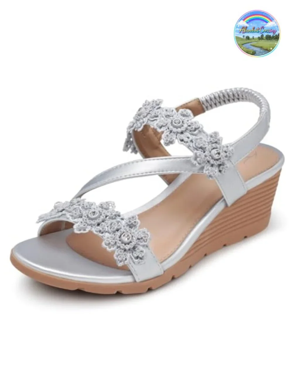 Women's Faux Leather Rhinestone Flower Wedge Sandals Low Heel Ankle Strap